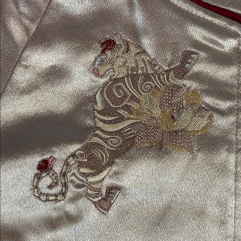 Pinkish Peach Satin Sukajan Bomber Jacket with Embroidered Tiger Design - Picture 2 of 7